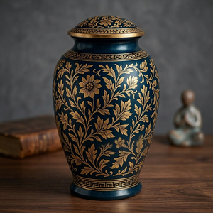 Urne décorative en métal bleu avec couvercle, motif floral gravé doré, pot de rangement ornemental, vase pour la décoration de la maison, du bureau, de l'hôtel, de la table - Product Image 2