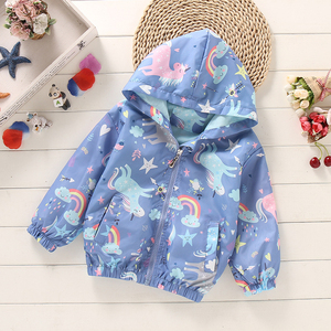 Giacca a vento corta da bambina con cappuccio e zip, stile western, sottile, primaverile/autunnale, con motivo a cartoni animati, morbida e rivestita - Product Image 1