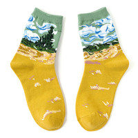 Chaussettes pour femmes en coton, chaudes, personnalisées, style Van Gogh, tendance, avec motifs de peinture à l'huile colorée