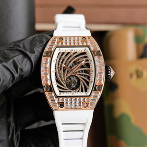 Reloj de Lujo para Mujer en Oro Rosa, Bisel con Diamantes, Esfera Esqueleto con Diamantes en Espiral, Correa de Caucho Blanca - Product Image 6