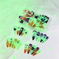 Faux ongles lumineux d'Halloween à presser, boîte de 4 compartiments, imprimés en 3D, longs stilettos, qui brillent dans le noir, motifs citrouille, araignée, fantôme