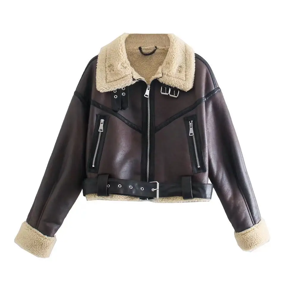 Stylish Women PU Leather Coat Sheepskin Faux Fur Motorcycle Jacket