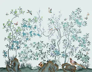 wallpapers in china wall dekoration flower birds design embroidery silk Chinoiserie handpainted wall paper