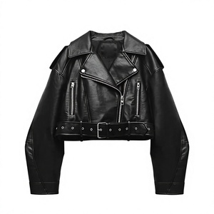 Veste courte en peau de mouton tricotée pour femme, style motard décontracté, avec ceinture, fermeture éclair et revers, coupe ample, pour l'hiver - Product Image 1