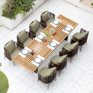 आधुनिक गार्डन टेबल फार्म रेस्तरां फर्नीचर सागौन लकड़ी टेबलटॉप एल्यूमिनियम पैर आयताकार आउटडोर डाइनिंग टेबल