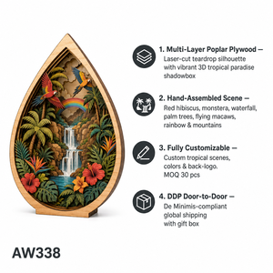Shadowbox Personalizado con Diseño de Paraíso Tropical en Forma de Lágrima |   Escena de Cascada de Hibisco <span class=keywords><strong>y</strong></span> Macaw Cortada con Láser en Madera Contrachapada de Álamo Multicapa - Product Image 4