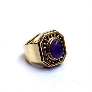 Bague en laiton massif couleur or et argent avec pierre précieuse améthyste pour homme, bague personnalisée en turquoise pour homme et femme, bague en argent avec pierre naturelle - Product Image 1