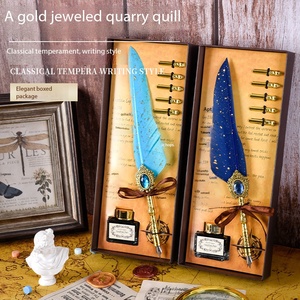 Juego de Plumas de Tinta de Inmersión con Logotipo Personalizado, Diseño Retro de Pluma de Pavo Real Azul, con Caja de Regalo con Gema de Llama, Regalo de Cumpleaños - Product Image 1