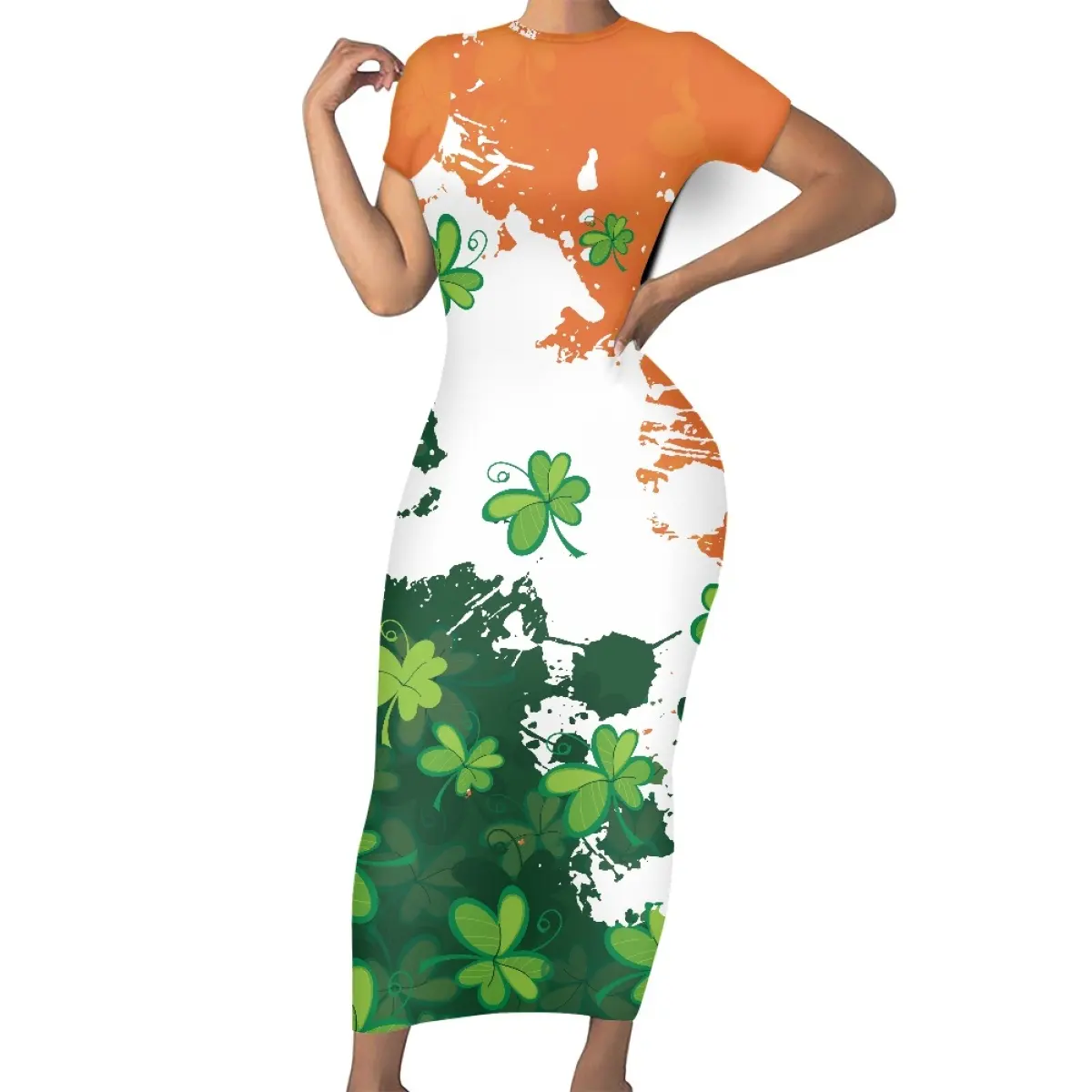 St. Patrick's Day Theme Design Lady Short Sleeves Dresses Custom Print Elegant Formal Dress Sexy Personality Beach Party Clothes