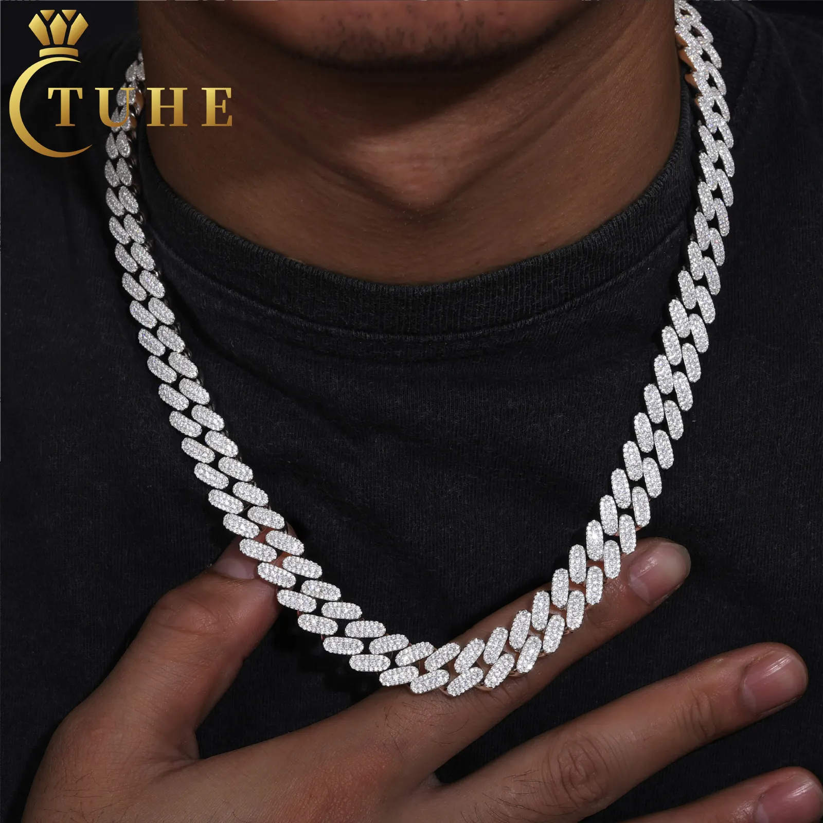 Mode Rapper Jewelry Stiftsetting VVS Moissanite Diamant Iced Out 12mm kubanische Gliederkette 925 Sterlingsilber-Halskette Schmuck