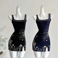 Nouvelle robe mini en jean Y2K, col carré, broderie papillon soleil en strass, sans manches, taille haute, moulante, pour soirée, club, streetwear
