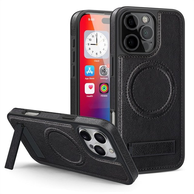 Magnetic Wireless Charging Phone Shell Leather Case for iPhone 18 17 16 15 14 13 12 11 Pro Max 15 Plus Invisible Kickstand Cover