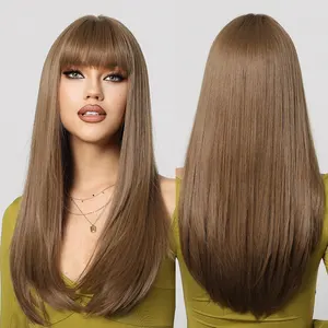 Long Straight Synthetic Wigs Brown Wigs with Bangs for Black Women Afro Cosplay Party Wigs Natural Heat Resistant False Hair Use
