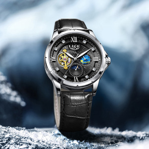 Reloj Mecánico Automático LIGE para Hombre, Cristal de Zafiro, 42 mm, Cronógrafo, Correa de Cuero Plateada y Negra, Fase Lunar, Tourbillon - Product Image 5