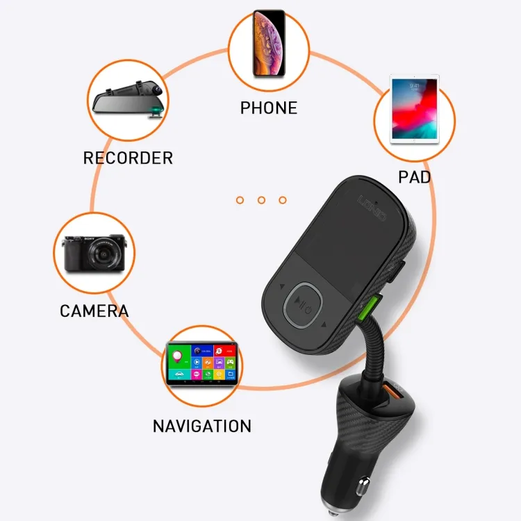 LDNIO C705Q Fast QC3.0 Charger Car audio MP3 Player Wireless BT Car FM Transmitter Bluetooth 5.0 Dual USB Charger With Cable