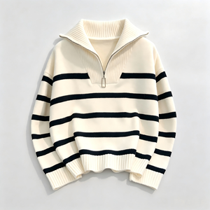 Pull-over surdimensionné en maille rayée à demi-zip personnalisé pour femme, vente en gros, collection automne-hiver - Product Image 2