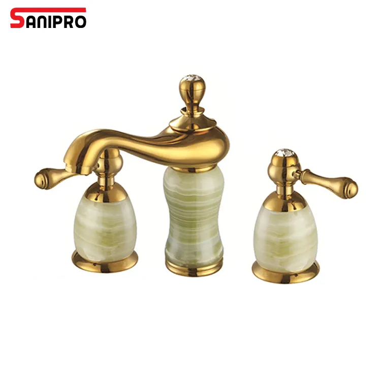 SANIPRO Louças Sanitárias Luxuoso Banheiro Real Torneiras 3 Furos Dual Handle Bacia Mixer Tap Golden Marble Faucet