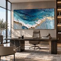 Peinture abstraite bleu sarcelle de l'océan, paysage marin texturé avec accents dorés métalliques, art mural côtier