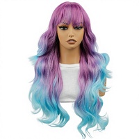 Wig Sintetis Warna Ungu Gradasi dan Biru untuk Wanita, Wig Cosplay Panjang Keriting, Stok Tersedia, Grosir Pabrik, Impor