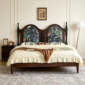 Premium Queen Size Dark Wood Spindle <b>Bed</b> With Tropical Print Double Arched Upholstered Headboard For Bedroom - Product Image 1