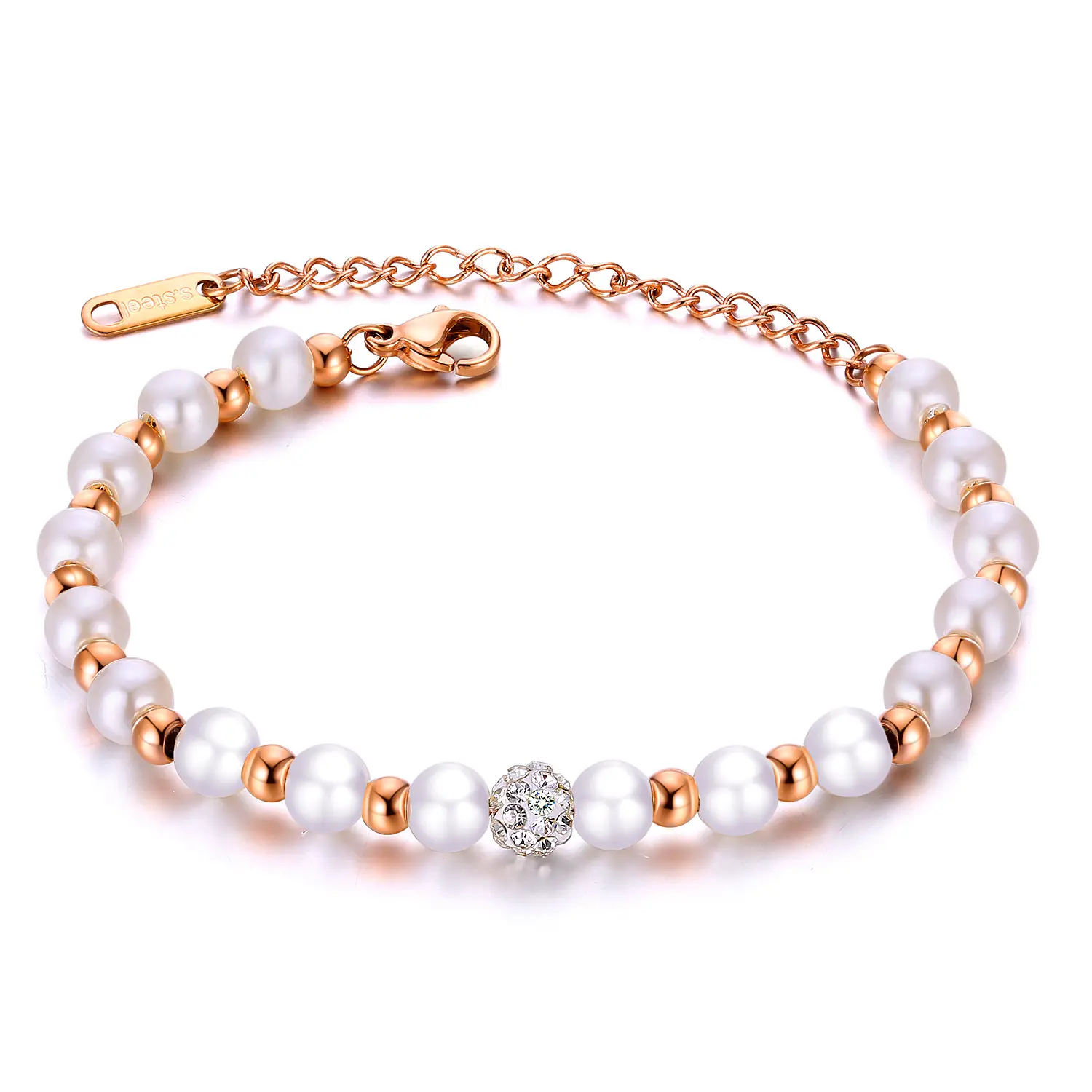 Gioielli di moda all'ingrosso stile oceano in acciaio inox gioielli di perle pavé sfera di cristallo con perline braccialetto di fascino per le donne regali