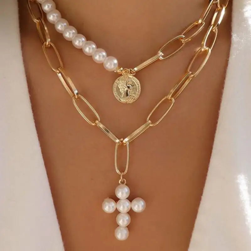 Corrente de 2 camadas de pérola, joias femininas com pingentes geométricos, corrente de cobra, dourada e de metal