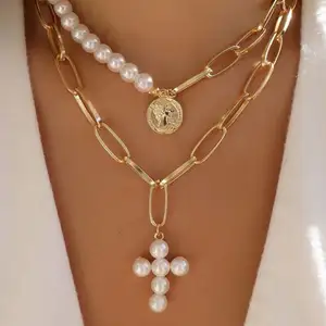 New Design Jewelry Gift Fashion Gold Metal Snake Chain 2 Layers Pearls Geometric Pendants Cross Necklaces For Women