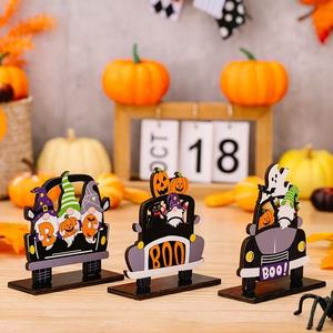 Halloween Decorations <strong>Wooden</strong> Car Figurine Tiny <strong>Pumpkin</strong> BOO Desktop Decor Ghost Display Stand - Product Image 5
