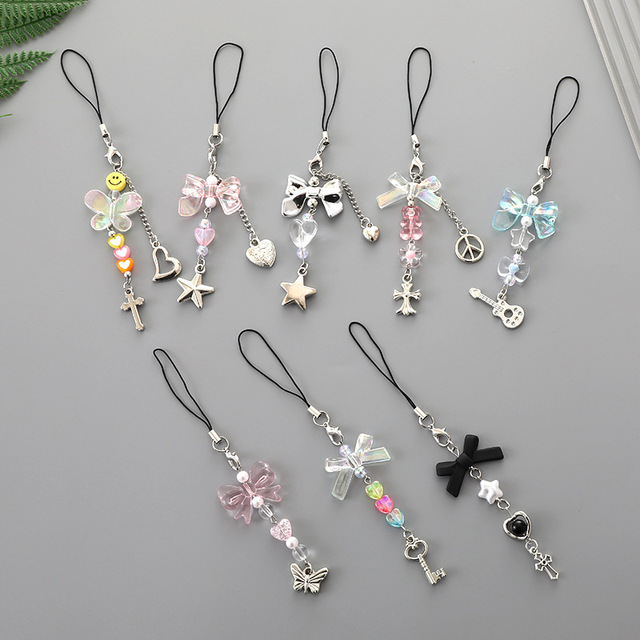 Bowknot Bow Beaded Keychain Y2K Heart Star Guitar Butterfly Cross Pendant Phone Case Charm Key Chain Lanyard Rope Accessories