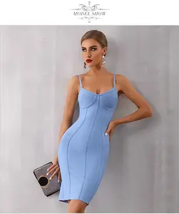 Verão 2019 nova bandage vestido sexy suspender azul alça de ombro vestido de noite