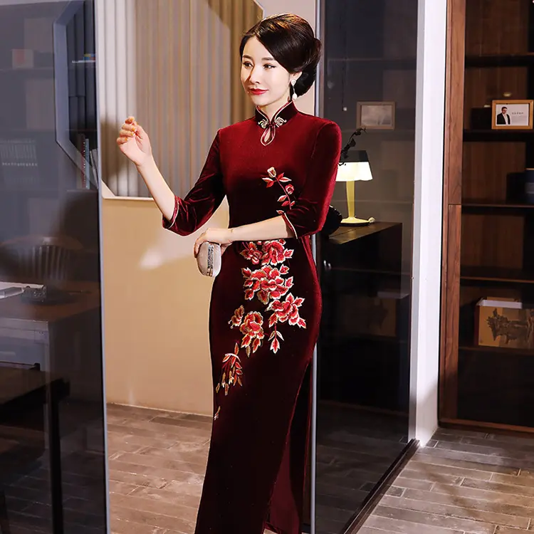 Cheongsam женское красное платье с высоким разрезом, китайское традиционное бархатное платье с длинным рукавом Qipao Cheongsam для вечеринки