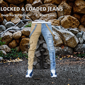 Custom Men Locked & Loaded Pencil Pants Knitted Washed Denim <b>Jeans</b> Patch <b>Work</b> Strap Calf Front with Zipper Autumn Winter - Product Image 2
