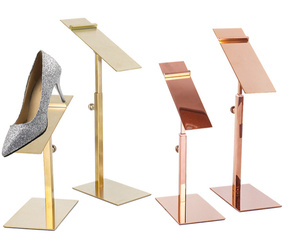 Espositore per Scarpe Regolabile in Metallo Dorato Lucido, Scaffale per Scarpe in Acciaio Inossidabile per Negozi - Product Image 1