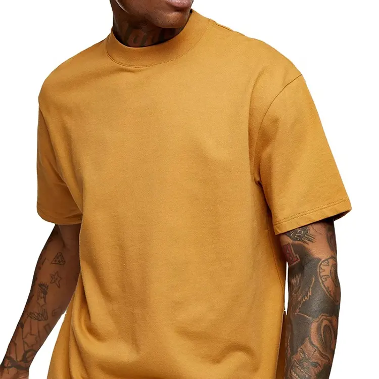 High Quality Heavyweight Thick Collar Tee Blank Custom Mock Neck Boxy Fit Men T Shirt