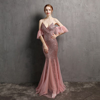 Nouveauté 2022 : Robe de Soirée Élégante Épaules Dénudées à Paillettes Frangées en Dentelle pour Femme