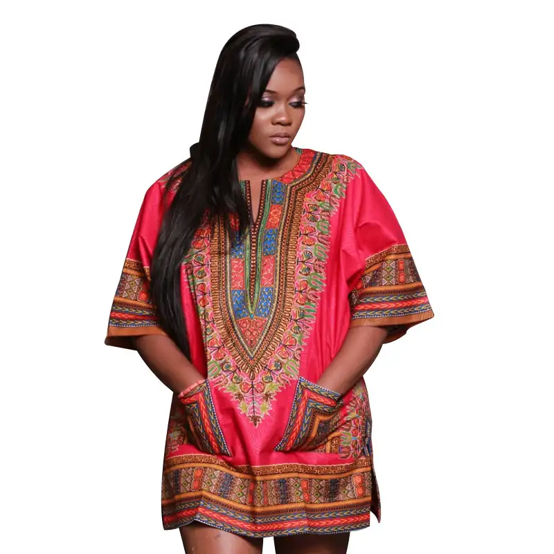 Robe courte avec imprimé africain et col rond, robe Dashiki, rouge, article tendance, vente en gros