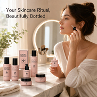 Ensemble d'emballages cosmétiques en verre rose givré avec flacon compte-gouttes, flacon pompe et pot vide rechargeable pour marque de soins de la peau avec boîte