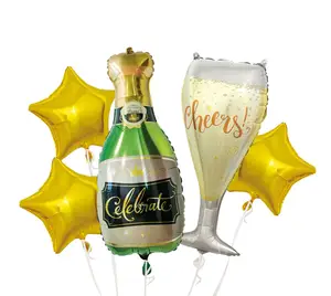 Garrafa de vinho para copos de vinho, conjunto de balões de hélio com estrela dourada, decoração personalizada para festas de aniversário, logotipo liso