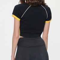 T-shirt court tendance pour femme, col en V, patchwork coloré, style streetwear, manches courtes, été