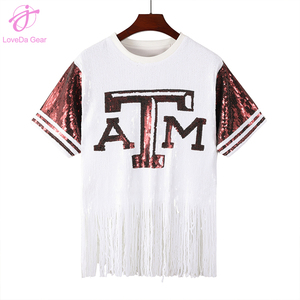 Loveda Factory Custom da donna estiva morbida di alta qualità Casual t-shirt traspirante moda frangia paillettes t-shirt - Product Image 1