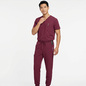 Ensemble de blouses médicales pour hommes, couleur bordeaux, en coton et polyester, tricoté, pantalon et haut à col en V - Product Image 1