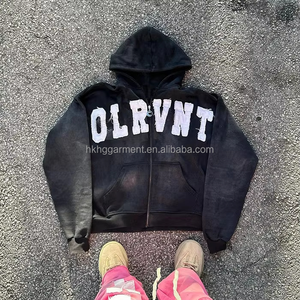 เสื้อฮู้ดซิปผ้าฝ้ายหนาน้ำหนักมาก 100% สำหรับผู้ชาย แบบสั่งทำพิเศษ ตกแต่งด้วยแพทช์ปักลายแบบวินเทจ ล้างสีแบบแอซิดวอช - Product Image 4