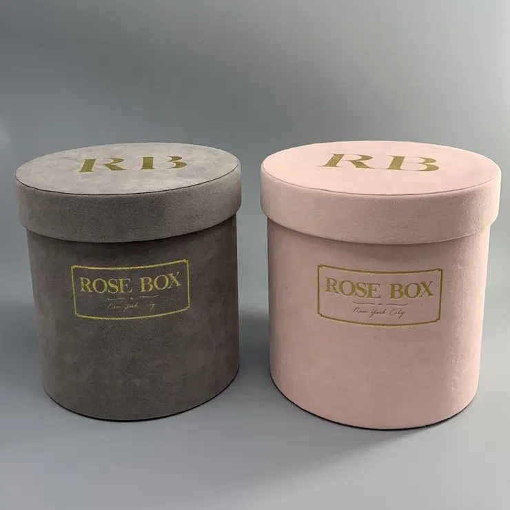 Custom cardboard velvet cylinder rose packaging luxury round hat box for flowers with lid