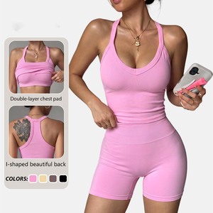 Yiyi Halter v-गर्दन सुंदर बैक हटाने योग्य पैड 2 पीस वर्कआउट सेट महिला बट लिफ्ट योग महिलाओं को उच्च गुणवत्ता - Product Image 1