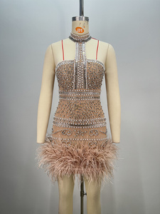 A9453西方风格羽毛女性迷你舞会礼服奢华串珠无袖女士迷你晚礼服 - Product Image 2