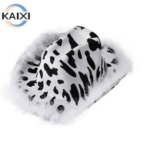 En Stock <span class=keywords><strong>Sombrero</strong></span> Vaquero de Piel de Alta Calidad para Fiesta, Estilo Western, con Pelo de Zorro y Estampado de Vaca, con Plumas - Product Image 1