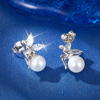 Boucles d'oreilles clous minimalistes en argent sterling 925 avec perles coquillages et placage rhodium, design en forme de fée pour femme - Cadeau d'anniversaire