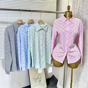 Women's Elegant <b>Rhinestone</b> Diamond-Patterned Casual Loose Lightweight Summer Breathable Long-Sleeve Collared Shirt <b>Top</b> - Product Image 1