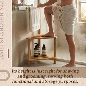 Wooden Bathroom Stool Multi Tiered <b>Shower</b> Seat With Towel <b>Rack</b> For Corner <b>Storage</b> - Product Image 5