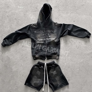 Conjunto de Sudadera con Capucha y Pantalones Cortos de Invierno para Hombre, Dos Piezas, Lavado Ácido, con Cierre Completo, Personalizable con Logotipo - Product Image 3